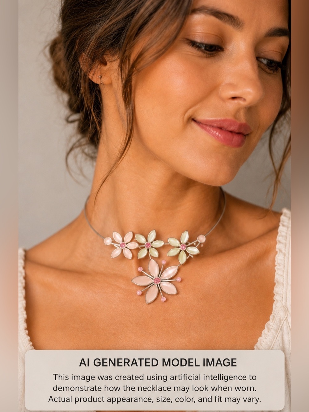 Boho Wire Wrap Choker Necklace Pink White Floral Statement